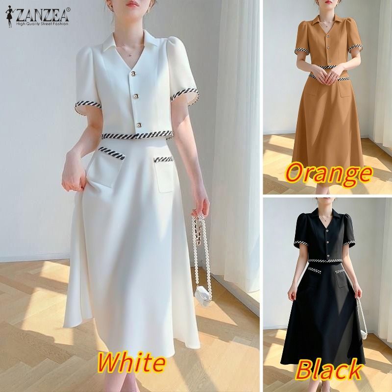 ZANZEA ผู้หญิงเกาหลีหรูหราขนาดเล็กหอมปกแขนสั้นปุ่มขึ้นเอวสูง A-Line Stripe Splic ชุด — صورة 3