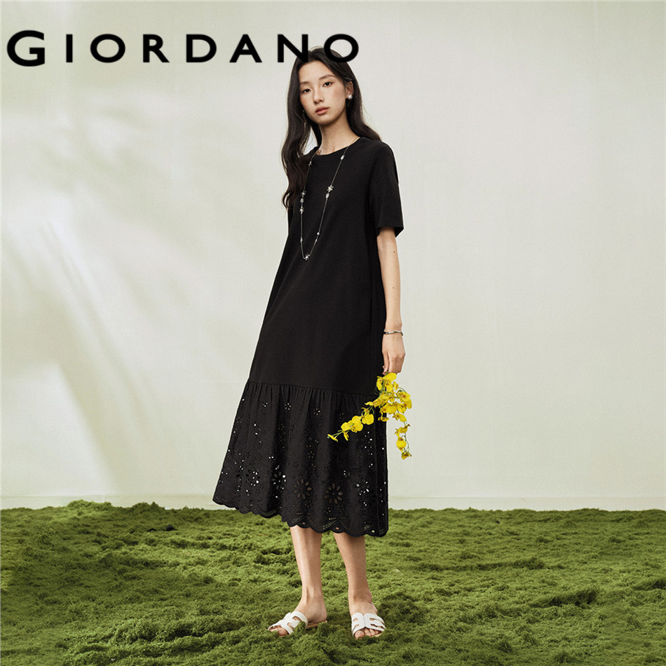 GIORDANO WOMEN Mesh Insert Hem Round Neck Dress - Elegant Design & Perfect Fit - Elegant & Chic - Premium Quality 18466508
