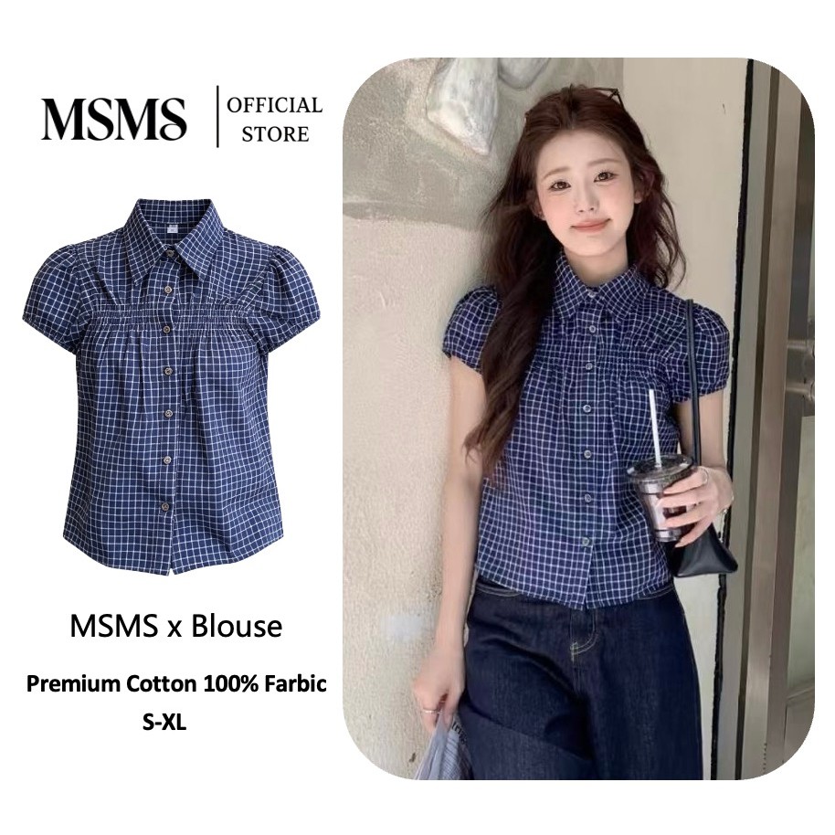 MSMS เสื้อเชิ้ตแขนสั้นเสื้อโปโลวินเทจฤดูร้อนสลิมฟิตครอปลายตาราง