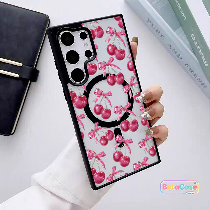 สำหรับ Samsung S26U S25U S24U S23U S22U S26 S26Plus S25Plus S23 น่ารัก สวยงาม โรสโกลด์ ลายเชอร์รี่ โบว์ เคสโทรศัพท์