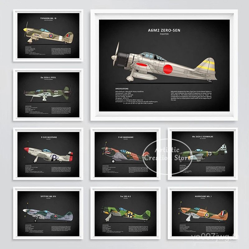 World War II Battle Plane โปสเตอร์ Fw 190 ME 262 PBY Catalina ผ้าใบพิมพ์ภาพผนังห้องนั่งเล่นตกแต่งบ้า