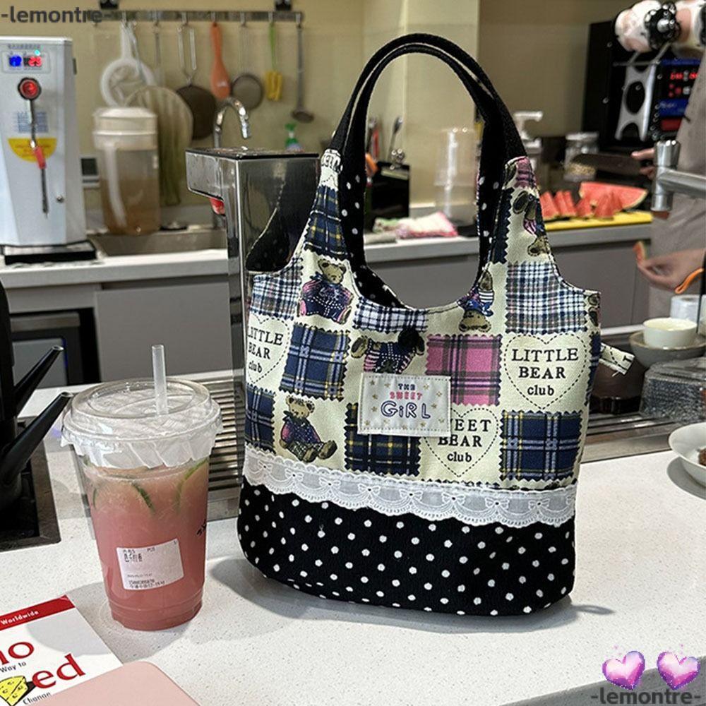 กระเป๋าถือ LEMONTRE, INS Sweet Lace Denim Plaid Tote Bags, Korean Canvas Commuting Bags
