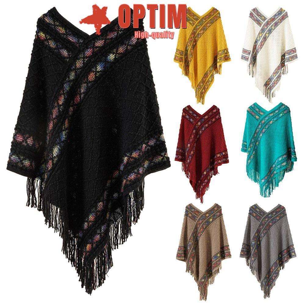 OPTIM ขนมเปียกปูนลายพู่ผ้าคลุมไหล่,ฤดูหนาวที่อบอุ่นสไตล์ชาติพันธุ์มองโกเลีย Poncho, Coat Overlays เลียนแบบแคชเมียร์ถัก Wraps ผู้หญิงแฟชั่น
