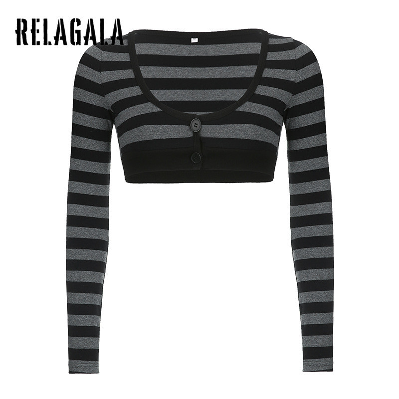 RELAGALA Womens 2026 New Striped Casual Fashion Long Sleeve Crop T-shirt