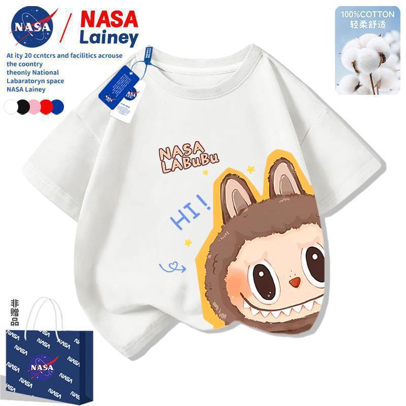 โรงงาน NASA labubu Labubu เด็กน่ารักเสื้อยืดแขนสั้นชายหญิงเด็กเสื้อผ้า 2025 ฤดูร้อนหลวมด้านบน NASA l