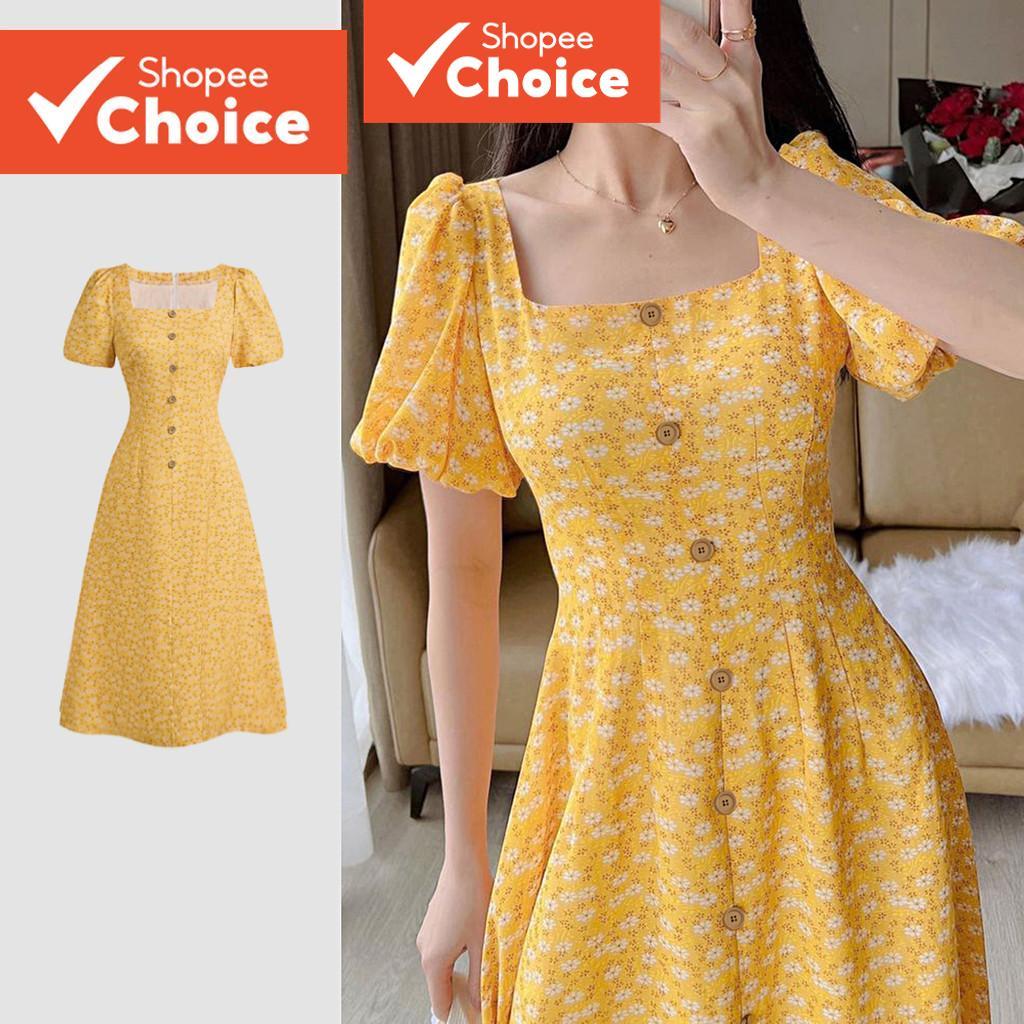 ผู้หญิง Boho ชุดปุ่มจีบฤดูใบไม้ผลิ/ฤดูร้อนสีเหลืองชุด L137ED633