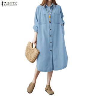 ZANZEA ซานเซีย ชุดเดรสเสื้อเชิ้ตกระเป๋าแพทช์แขนยาวปกแฟชั่นเก…