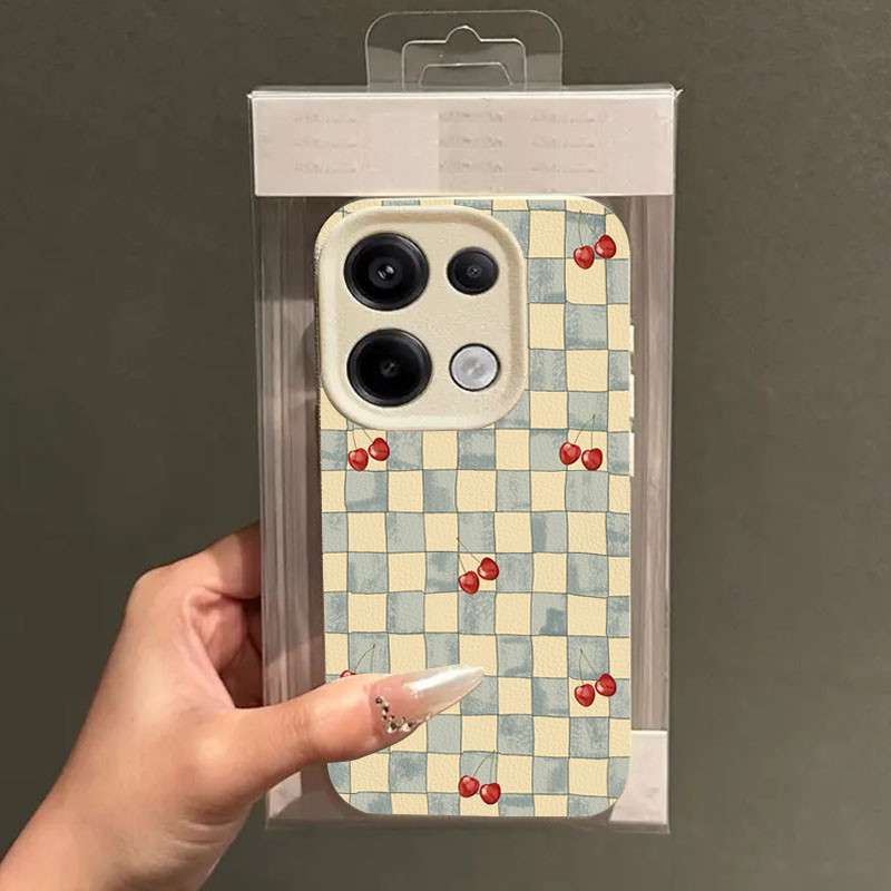 สีฟ้าสีขาวรูปแบบตาราง Little Red Cherry Lychee Texture เคสโทรศัพท์สําหรับ Mi POCO X7 X6 F5 X5 M6 F7 Pro Mi 15T 14T 13T 15 13T 15 13 Pro Cover
