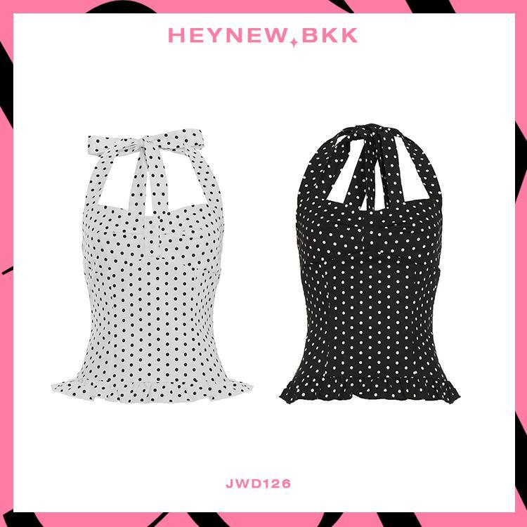 เสื้อ.camisole ลายจุด polka dot แบบ halter tie neck สไตล์แฟชั่น กระชับเอว ขนาดพอดีตัว JWD126