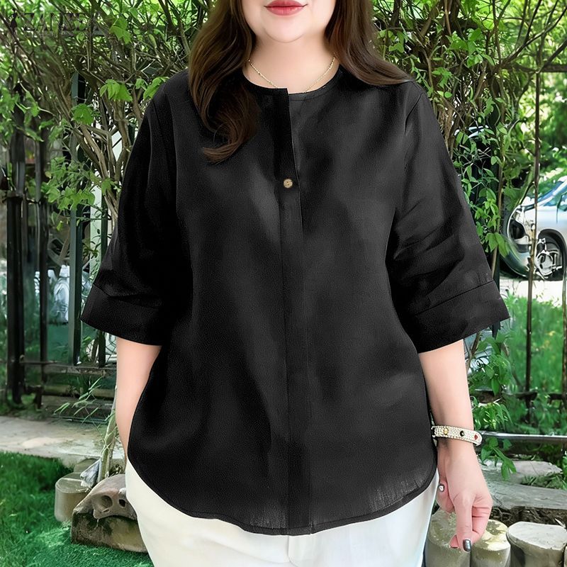 ZANZEA เสื้อเชิ๊ตเกาหลีสำหรับผู้หญิง ออกแบบ Raglan แขนหลวม สไตล์สมาร์ทสำหรับฤดูร้อน — صورة 4