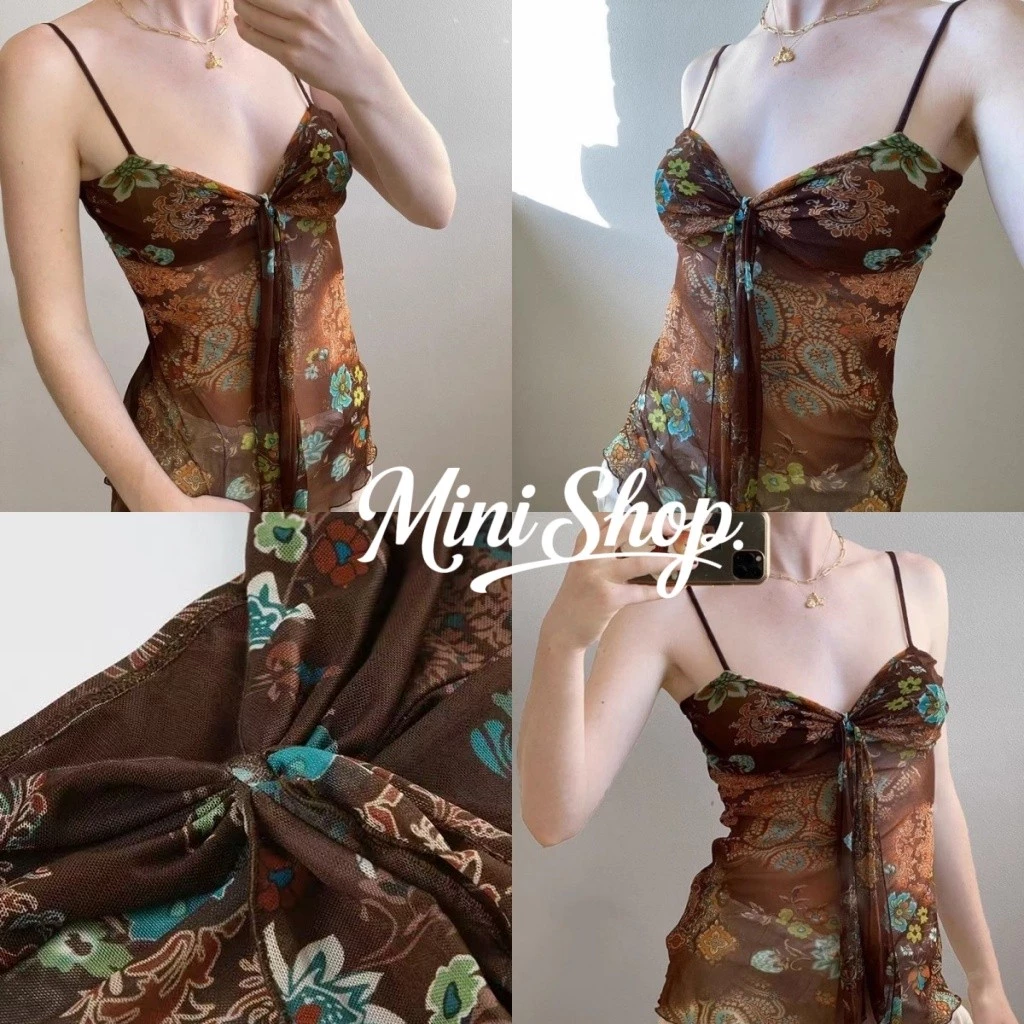Mini shop🌸พร้อมส่ง🌸(FY1189)เสื้อสายเดี่ยว ลายดอกไม้ สไตล์โบฮี่เมี่ยน สีน้ำตาลธรรมชาติ ผ้าใส่สบาย เซ็กซี่