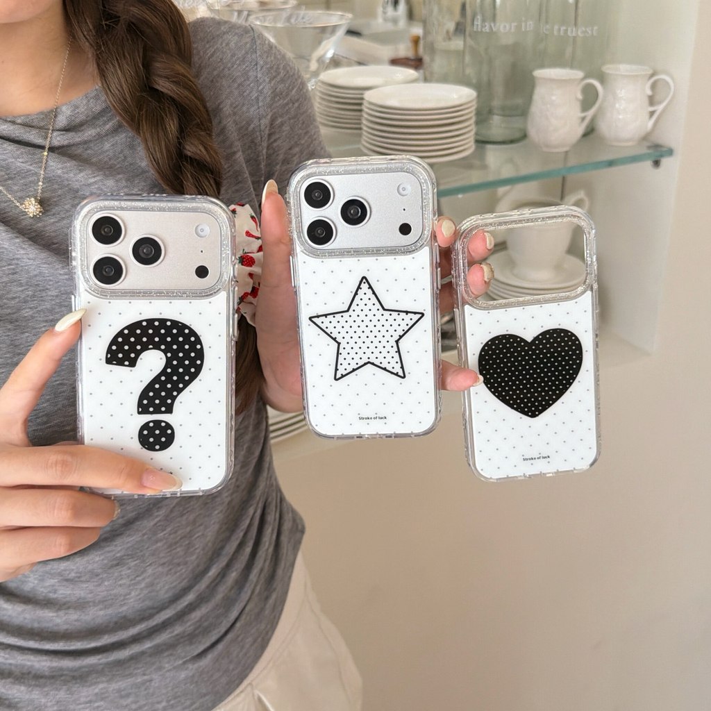 น่ารักสีดําสีขาวลายจุดiPhoneกรณีอินเทรนด์Star HeartคําถามMarkฝาครอบโทรศัพท์กันกระแทกเหมาะสําหรับiPhone 17 Pro/17 Promax