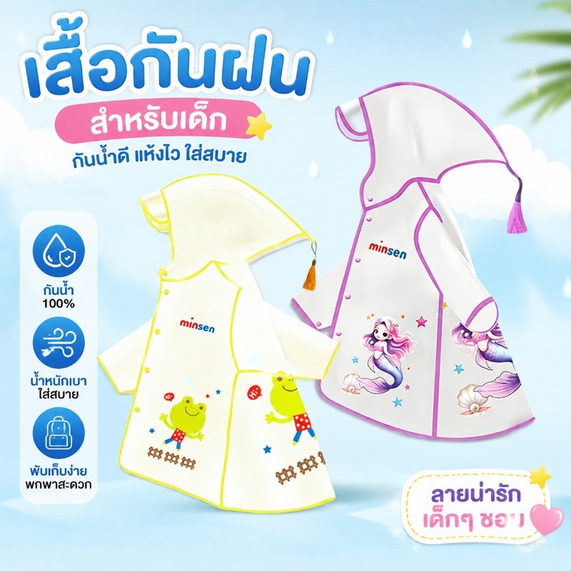 ✨NEW เสื้อกันฝนเด็กEVA มีฮู้ดกันฝน ลายการ์ตูนน่ารัก  เนื้อผ้าหนา วัสดุ ไปโรงเรียนสำหรับเด็ก