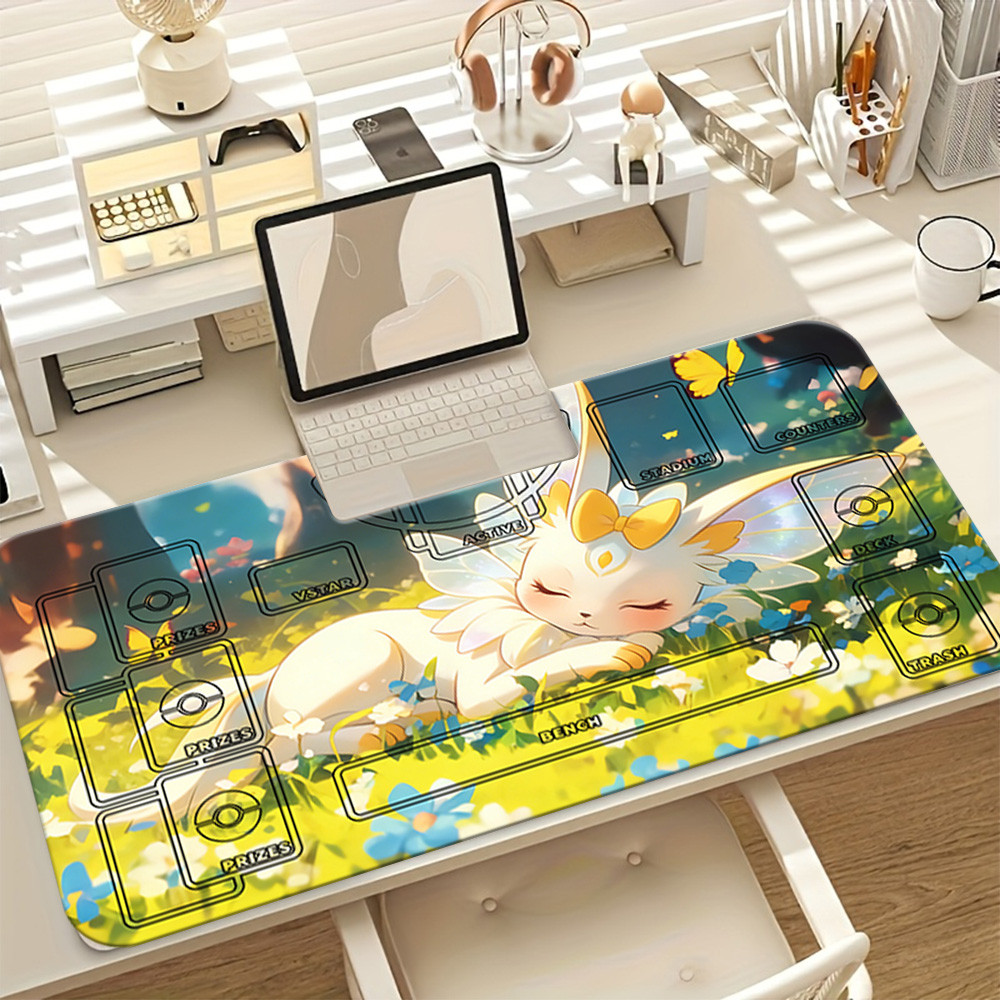 Pokemon Shiny Eevee TCG Playmat แผ่นรองเมาส์สําหรับเล่นเกมขนาดใหญ่พร้อมโซนการ์ดแผ่นรองโต๊ะ