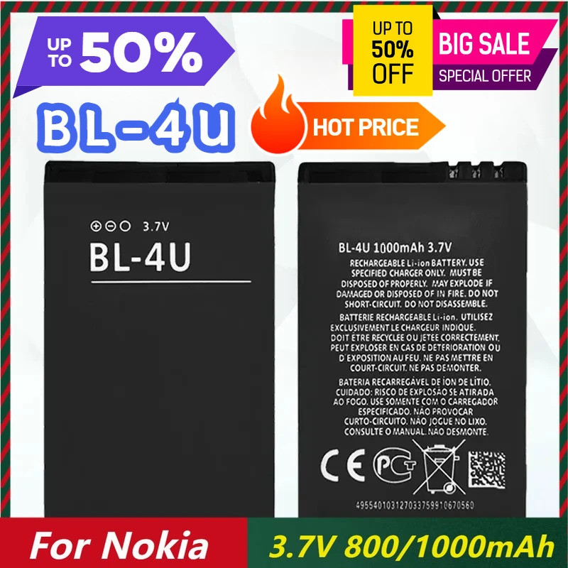 BL-4U แบตเตอรี่ 3.7V 800/1000mAh สําหรับ NokiaX9 X6m X1-01 X6 N900 C3 5800 230 5233 5235 แบตเตอรี่โท