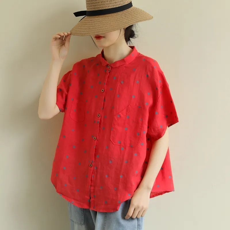 CP เสื้อเบลาส์ขนาดใหญ่หลวมวรรณกรรมแขนสั้น Polka Dot ผ้าฝ้ายแท้พิมพ์ All-Match Casual A