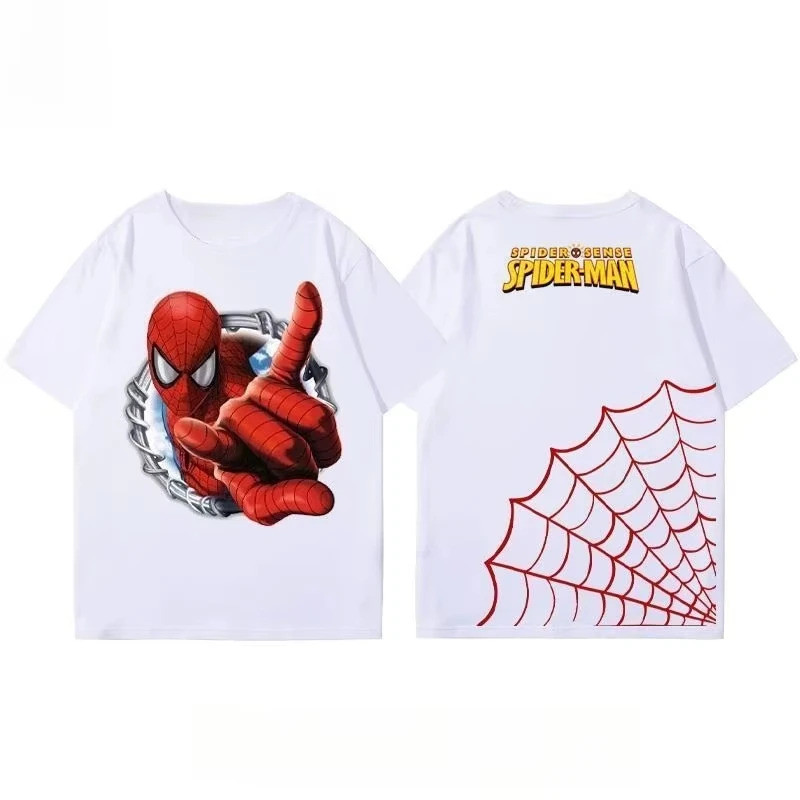 2026MINISO Spider-Man พิมพ์แขนสั้นผู้ชายและผู้หญิงลูกเรือคอหลวมและสบายเสื้อยืด top tee tshirtCOD 9HT