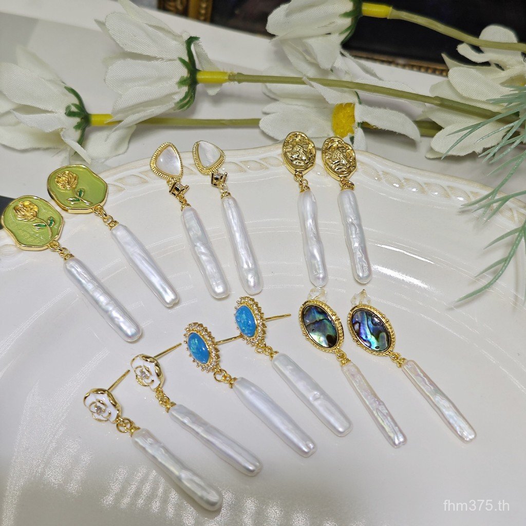 Baroque Mountain Lake Silver Bar ต่างหูเข็มเงินไข่มุกรูปทรงพิเศษ S925 Xiaozhu และ City Natural Danpe