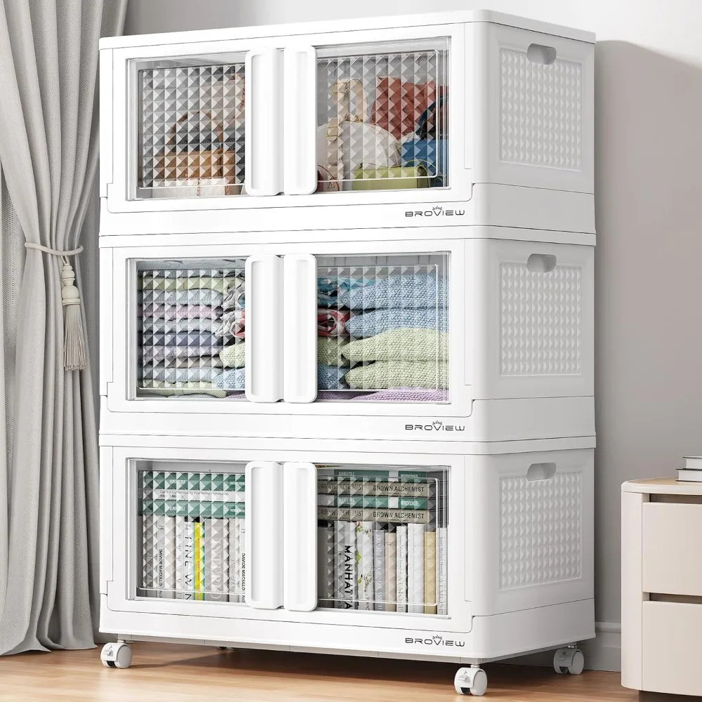 ยอดนิยม 300 Qt Stackable Storage Bins พร้อมฝาปิดและประตู, 3 แพ็คพลาสติกตู้เสื้อผ้า Organizer และลิ้น