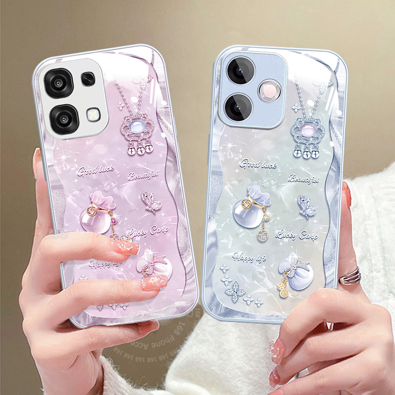 เคส OPPO A6 A5 Pro 5G เคสถุงโชคดี ดี ลายใบโคลเวอร์ กลิตเตอร์ พร้อมสร้อยคอ เคสกันกระแทก ขอบซิลิโคนอ่อน 2026 เคสโทรศัพท์กระจกหรูใหม่สำหรับสาวๆ นักเรียน
