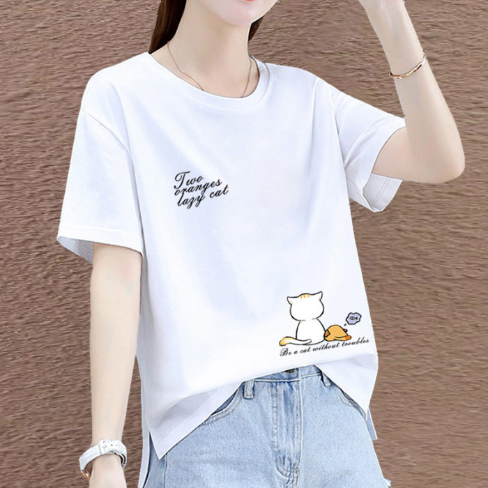 COD เสื้อยืดแขนสั้นผู้หญิงขนาดบวก 2025 ฤดูร้อนสไตล์ใหม่หลวมแฟชั่นพิมพ์ลดอายุเสื้อยืดคอกลมลําลองด้านบ