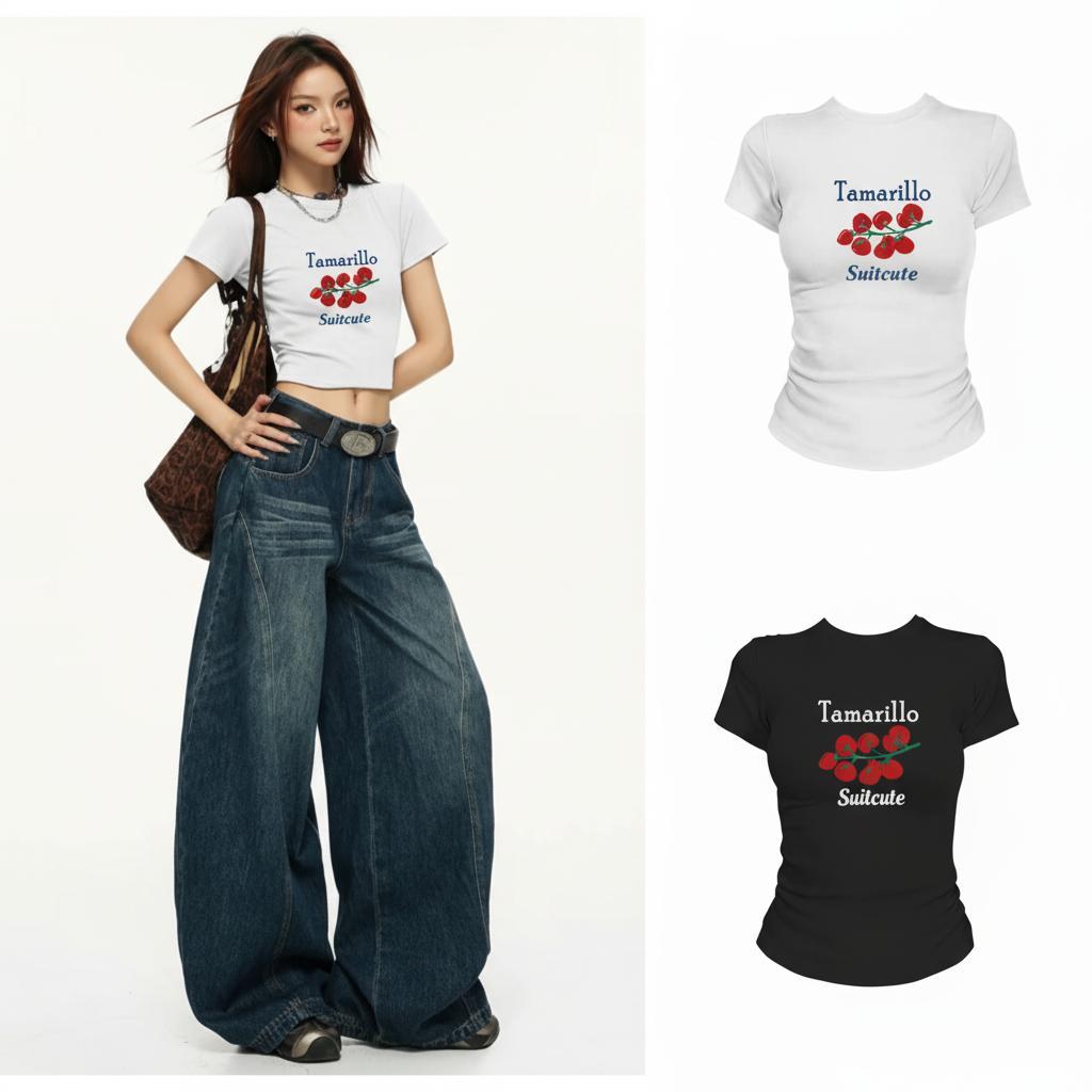 SuitcuteA009-0144 เสื้อยืดคอกลมแขนสั้นผู้หญิง พิมพ์ลายสวยงามน่ารัก