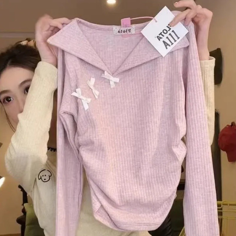 shayne-เสื้อยืดผู้หญิง แขนยาว คอวี สีทึบ ผีเสื้อ ปม ประเภทรุ่น Slim Fit หวาน สุภาพสตรี แฟชั่นเวอร์ชั่นเกาหลี