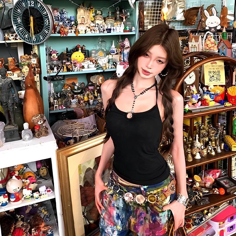 [Teh] เสื้อกั๊กคล้องคอเปลือยสําหรับฤดูร้อนของผู้หญิงพร้อมแผ่นรองหน้าอกกลับเสื้อโซ่ผีเสื้อ [VN]