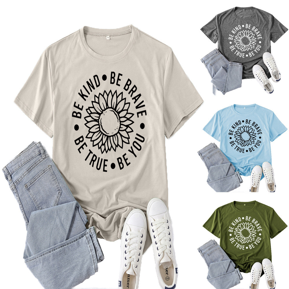 2026 แฟชั่น 2026 Supply be kind พิมพ์แขนสั้นสุภาพสตรีสบายๆฤดูใบไม้ผลิฤดูร้อนสบายๆหลวมรอบคอยุโรปขนาด 