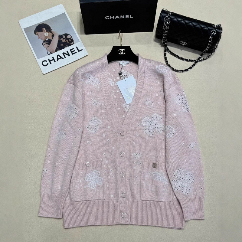 MP3J CHA# 2024Autumn and Winter New Hollow Embroidery Lazy Style V Women's Collared Knitted Wool Car