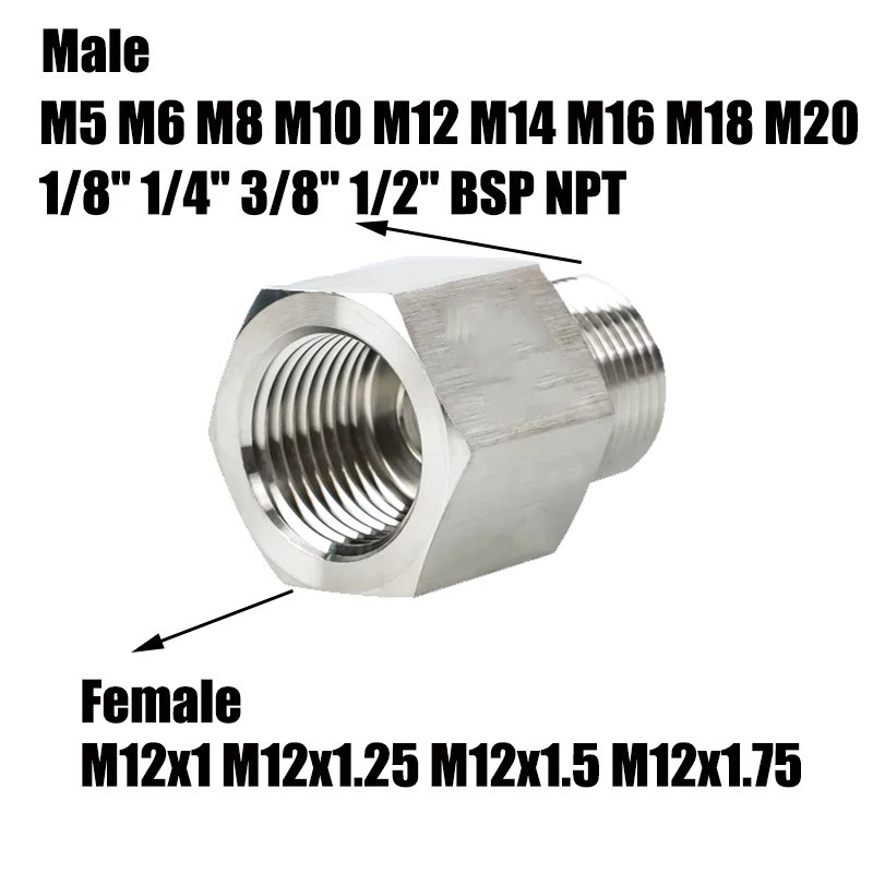 M12 หญิง M5–M20 / 1/8–1/2 BSP NPT ชายลด Bushing 304 SS อะแดปเตอร์เครื่องวัดความดันสูง