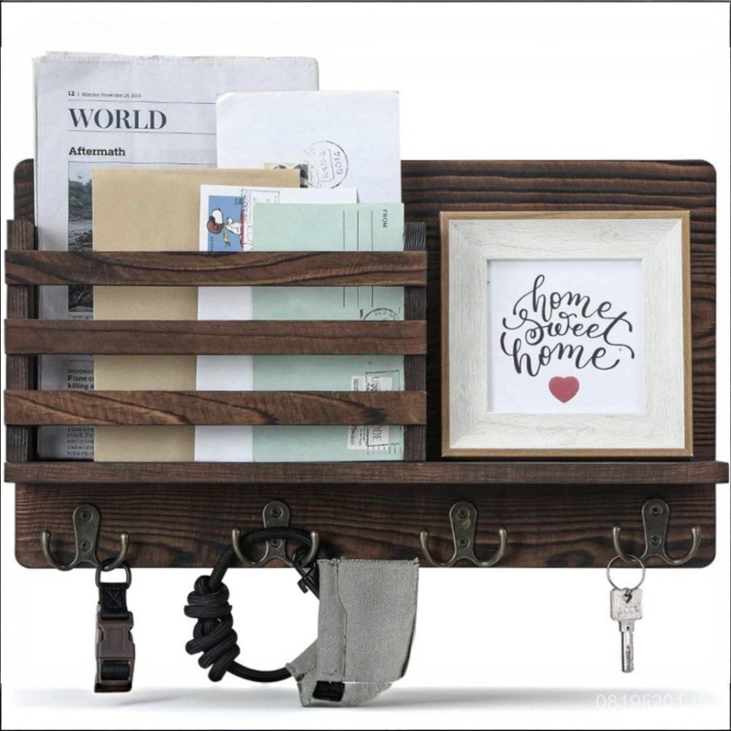 ติดผนังไม้ชั้นวางไม้ Key Mail Envelope Storage Rack Retro Paulownia Storage Rack Sundries ZA5Y