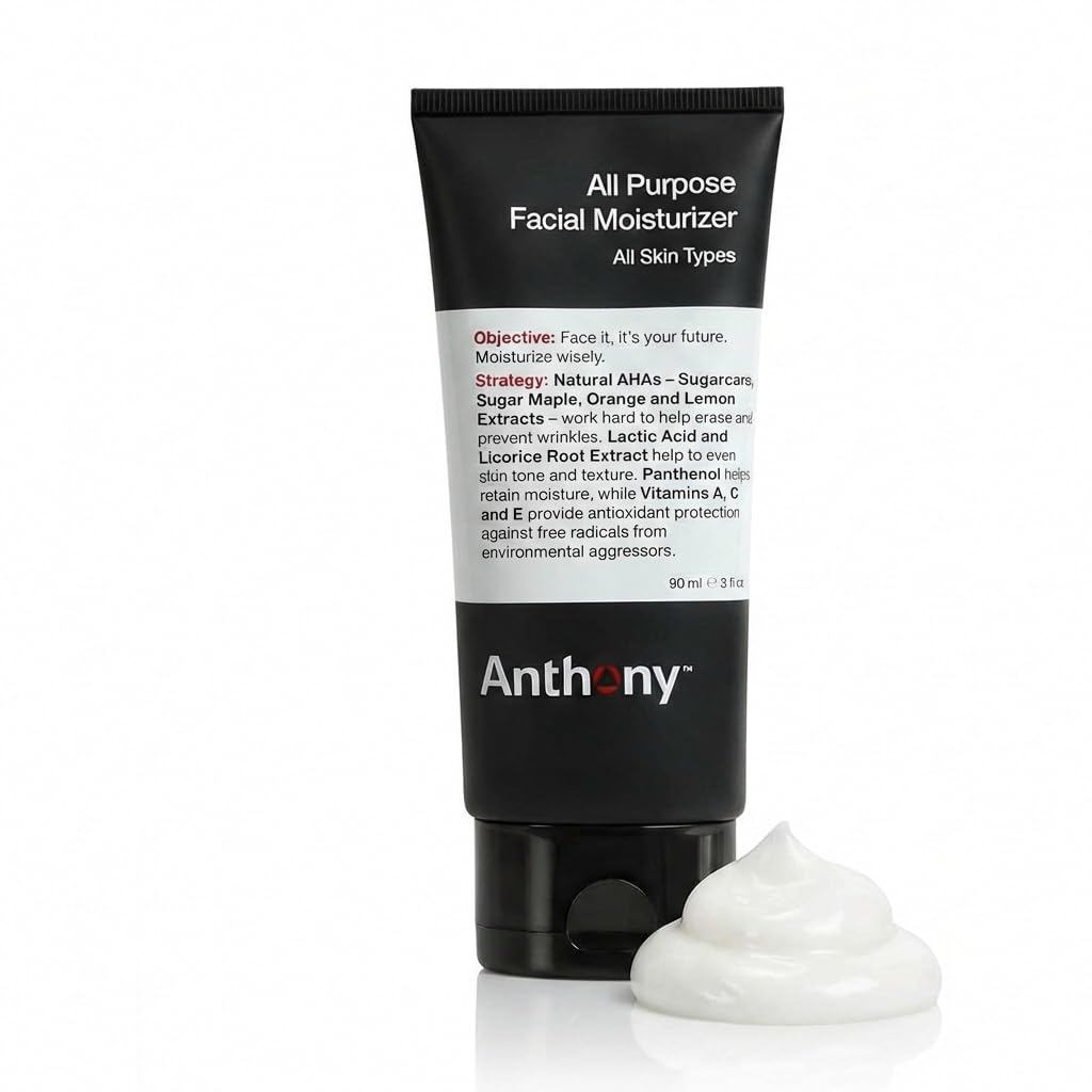 Anthony All-Purpose Facial Moisturizer – Mens Hydrating Lotion สําหรับผิวแห้ง – สูตรบางเบา ไม่ก่อมะเร็ง ต่อต้านวัย – 3 Fl Oz