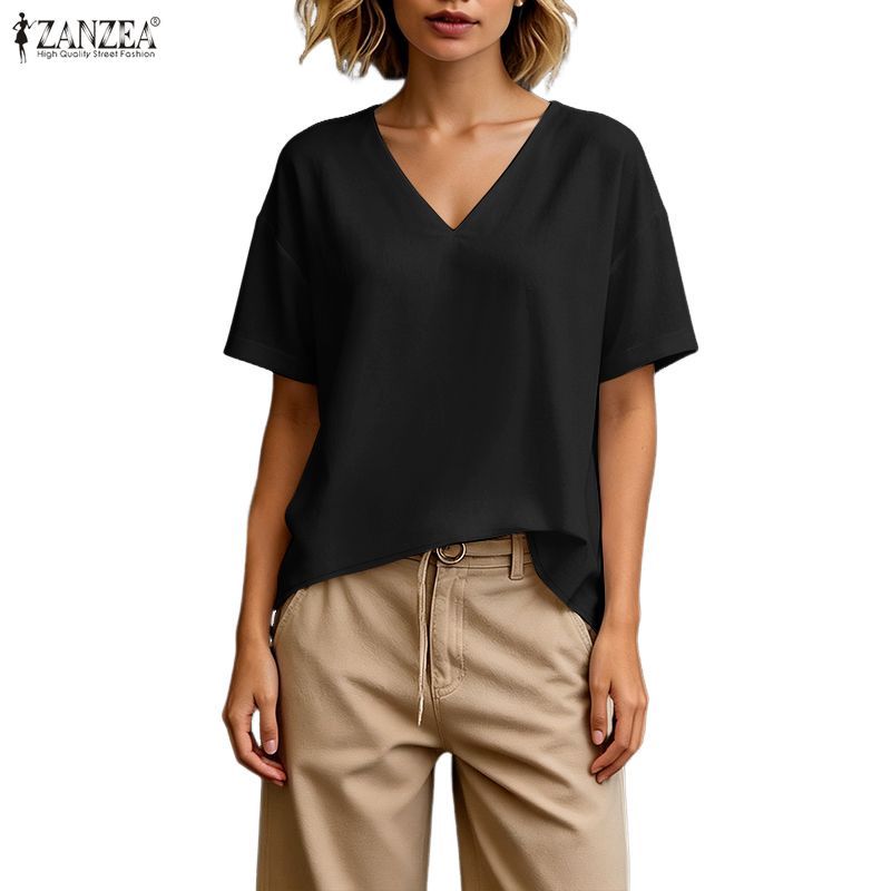 ZANZEA ผู้หญิงวินเทจ Minimalist V คอ 3/4 แขนสีทึบหลวมสบายๆเสื้อทั้งหมด