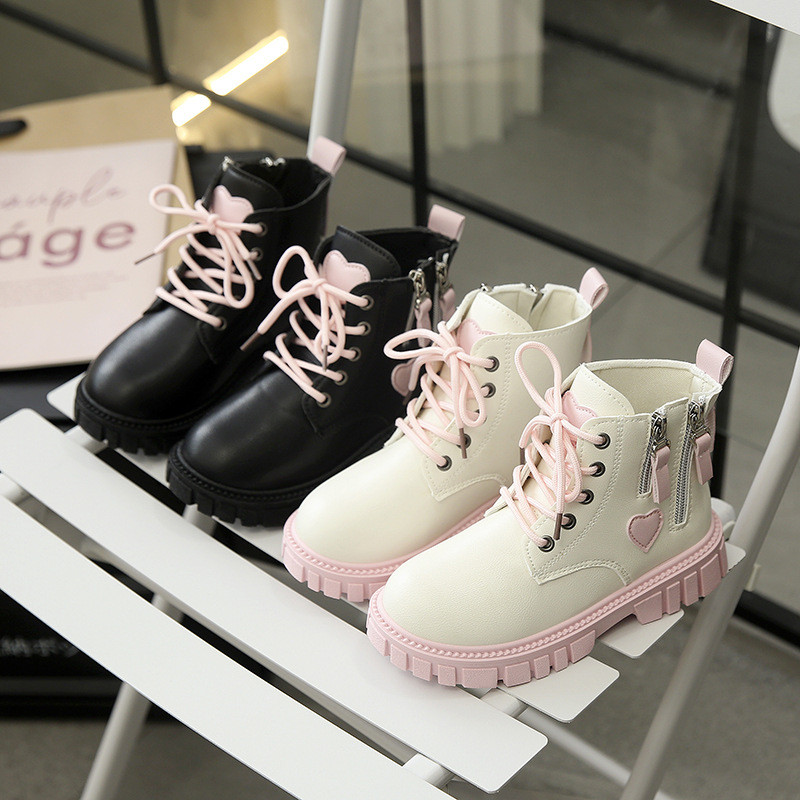 รองเท้าบู๊ตเด็กผู้หญิง ทรง Combat ใส่เชือก-ซิปข้าง พื้นนุ่ม สูงข้อเท้า สำหรับเด็กวัยหัดเดิน-เด็กโต สีดำ 27-35