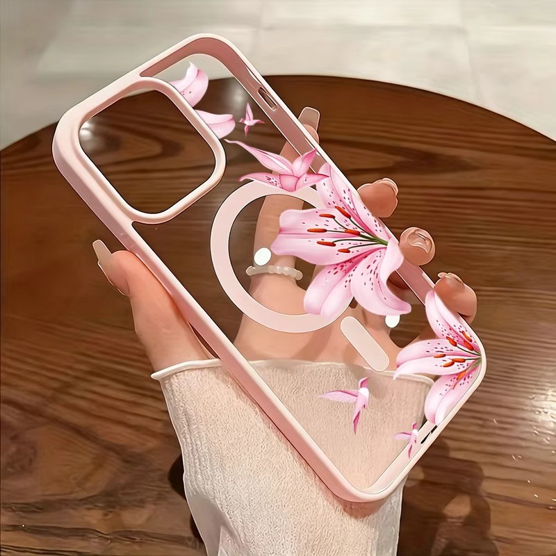 ดอกไม้สีชมพูและนกแม่เหล็กสําหรับiPhone 17 16 11 13 12 14 15 Pro Max Plus Air 17E 16Eสําหรับชาร์จไร้สายใสกันกระแทก
