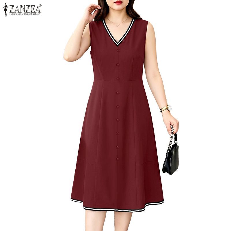 ZANZEA ผู้หญิงเกาหลี Elegant Lady V คอ Single-Breasted Contrast Edge Midi A-Line เดรสสายเดี่ยว — صورة 6