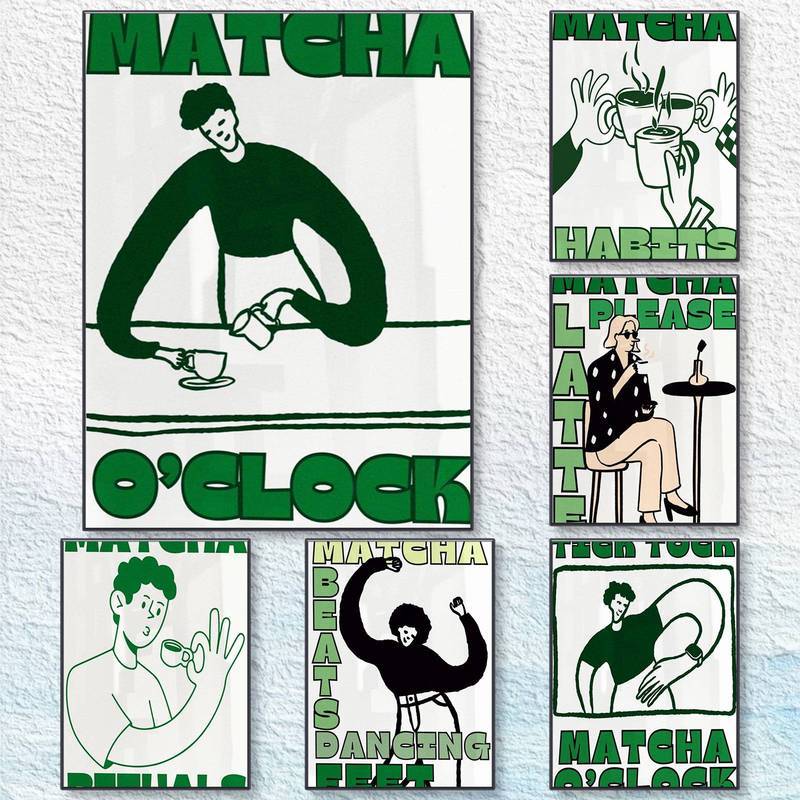 Minimalist Matcha Canvas Art Set, Matcha OClock & Coffee Lover Wall Decor for Kitchen & Cafe
