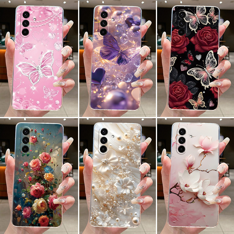 SAMSUNG ฝาหลังสําหรับSamsung A37 A57 5Gเคสโทรศัพท์แฟชั่นผีเสื้อดอกไม้Clear Soft TPU Jellyปลอกสําหรับ