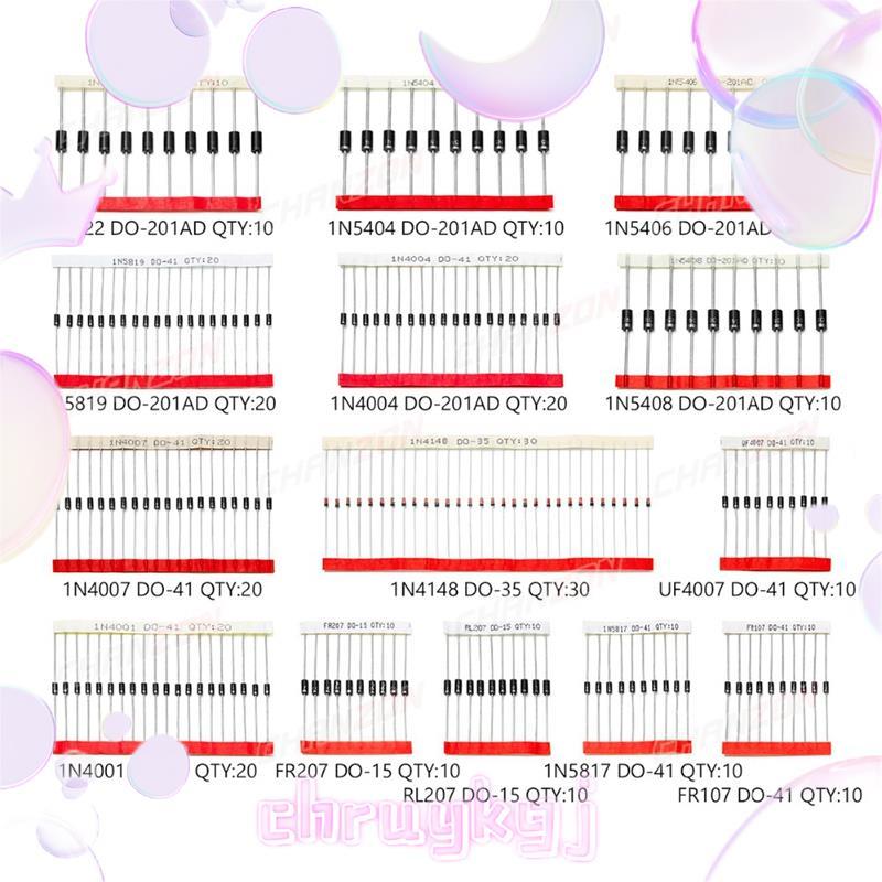 200 ชิ้น Fast Switching Schottky Diode Kit 1N4001 1N4004 1N4007 1N5408 UF4007 FR207 1N5817 1N5819 1N