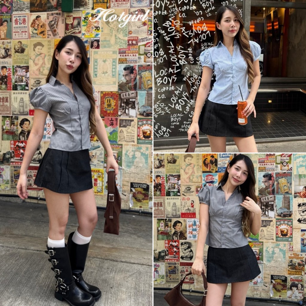 Hotgirl พร้อมส่ง เสื้อเชิ้ตแขนสั้นลายทางแฟชั่นผู้หญิง การออกแบบปุ่มสีเรียบ สไตล์สาวฮอตเกาหลี ช่วงฤดูร้อน