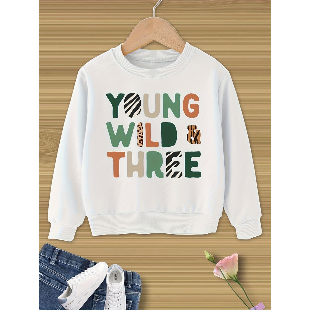 ' 3rd Birthday Sweatshirt - เสือดาวพิมพ์ "Young Wild & Three" Number 3 Outfit, 3rd Year Letter, Spri