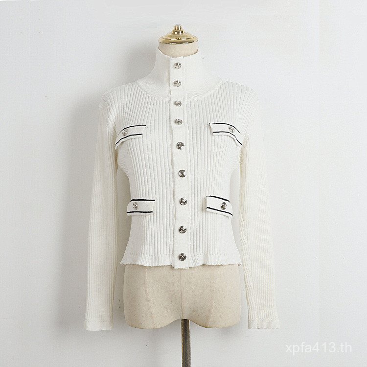 S ปุ่มกระเป๋าปลอม Contrast สีเสื้อถักคอเต่ายืดสไตล์ฝรั่งเศสฤดูใบไม้ผลิฤดูใบไม้ร่วงฤดูหนาว Niche Ribb