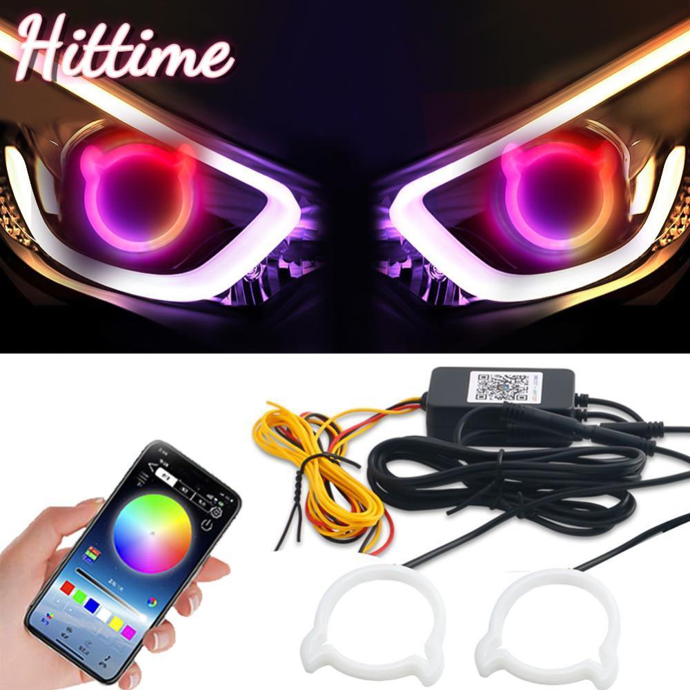 HITTIME ไฟหน้ารถปีศาจสไตล์หัวใจ LED Angel Eye แหวน APP ควบคุม RGB เปลี่ยนสี DRL สําหรับไฟหน้ารถการปร