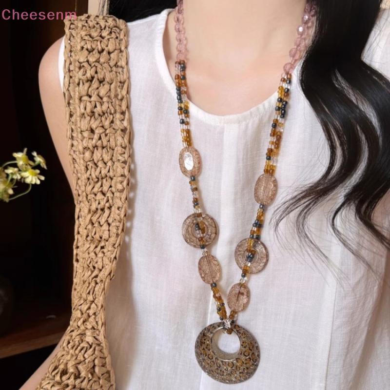 Cheenm ชาติพันธุ์ Sle รอบเรซิ่นเสือดาวเสื้อกันหนาวยาวสร้อยคอ Retro จี้คริสตัลหญิงเครื่องประดับคออุปก