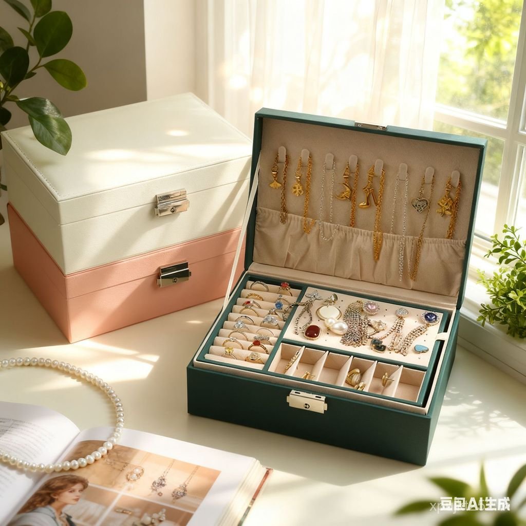 ขนาดใหญ่หนัง PU สองชั้นเครื่องประดับสร้อยคอล็อคกล่องเครื่องประดับกล่องเก็บเครื่องประดับแหวนต่างหูสร้