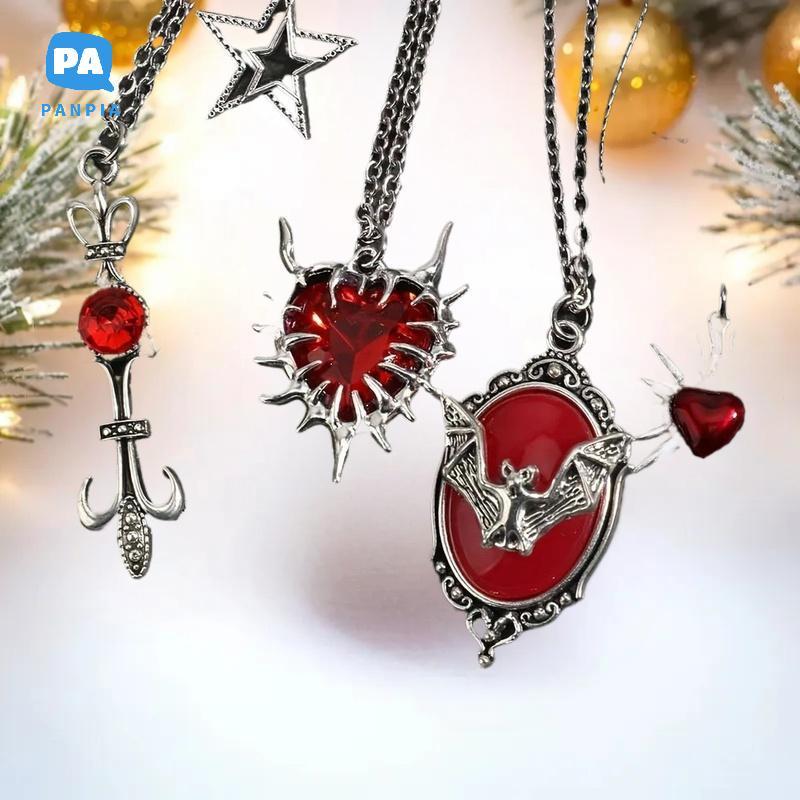 [NBI] 5 ชิ้น/เซ็ตสร้อยคอโกธิคสําหรับผู้หญิงเครื่องประดับฮาโลวีนพร้อมหัวใจค้างคาวข้ามจี้อุปกรณ์เสริมอ