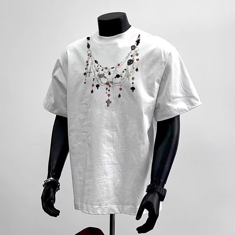 2026 Heavy Pure Cotton Street Wear Ruffian หล่อเสื้อยืดอเมริกันอินเทรนด์สร้อยคอพิมพ์ผู้ชายฤดูร้อนรอบ