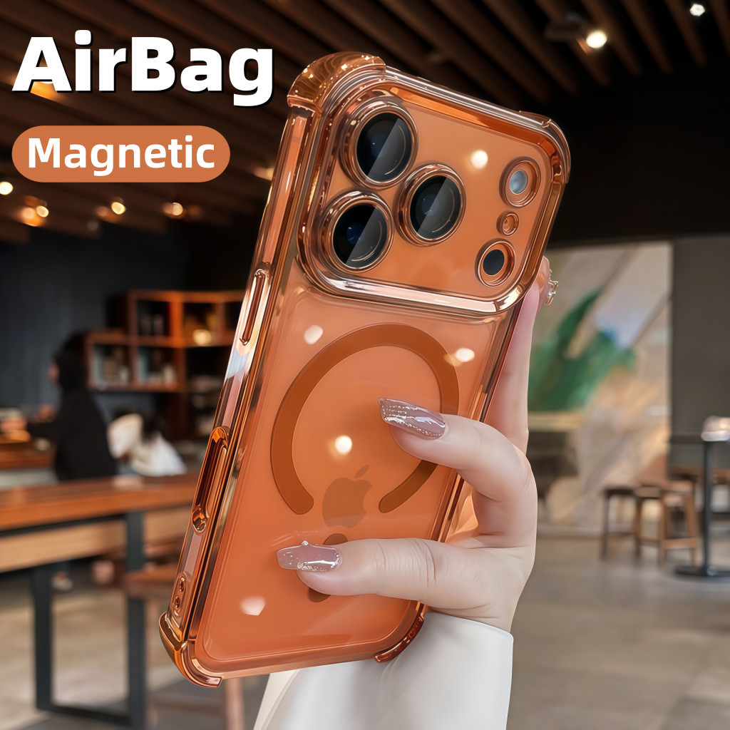 ใหม่ Cosmic สีส้ม 6D ชุบแม่เหล็กสําหรับ iPhone 17 Pro Max 17 Pro โปร่งใสกันกระแทกถุงลมนิรภัย