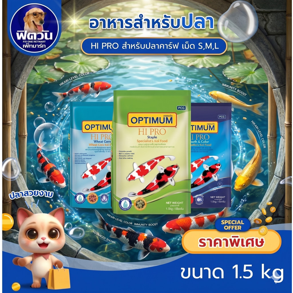OPTIMUM อาหารปลาคาร์ฟออพติมั่ม 3 สูตร เม็ด S,M,L  1.5 กิโลกรัม{อาหารปลา}